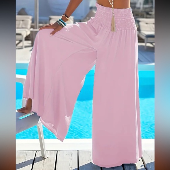 Pants - Women's Flowy Wide Leg Pants with Shirred Waist - Perfect Floor Length